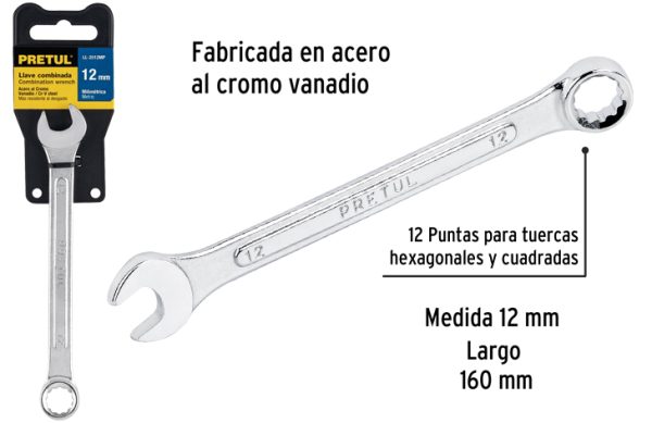 2F- LLAVE COROFIJA 12MM X 160MM COMBINADA ACERO PRETUL