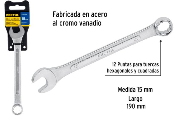 2F- LLAVE COROFIJA 15MM x 190MM COMBINADA ACERO PRETUL