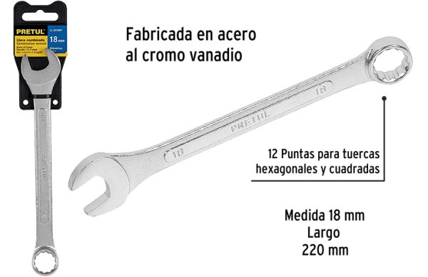 2F- LLAVE COROFIJA 18MM X 220MM COMBINADA ACERO PRETUL