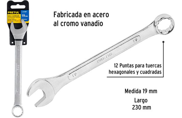 2F- LLAVE COROFIJA 19MM X 230MM COMBINADA ACERO PRETUL